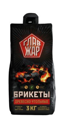 Брикеты ГлавЖар древесноугольные, 3кг в пакете